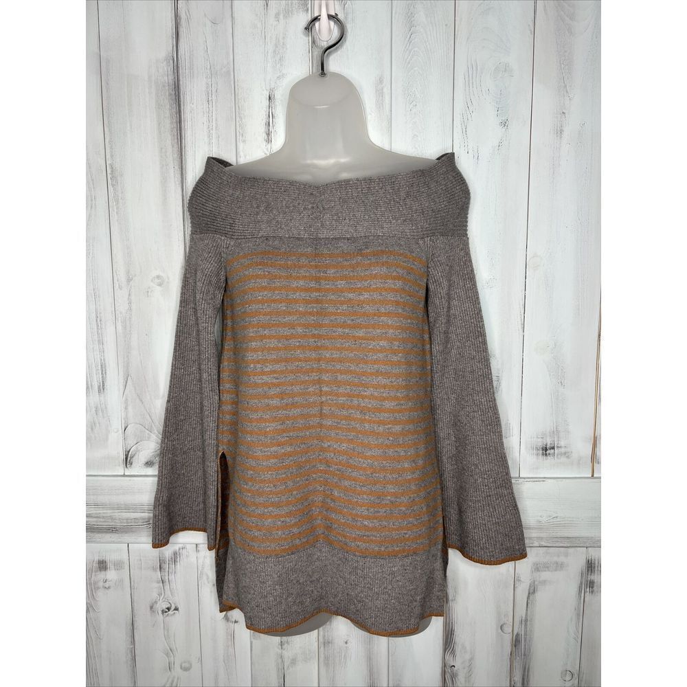 ANTHROPOLOGIE‎ ELISE RIBBED TUNIC PULLOVER SWEATER GRAY GOLDEN BROWN STRIPED XS